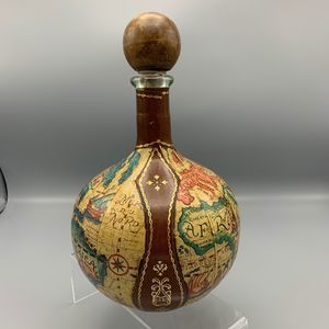 1960s Leather Wrapped Fausto Corduri Glass Decanter Old World Map Made in Italy
